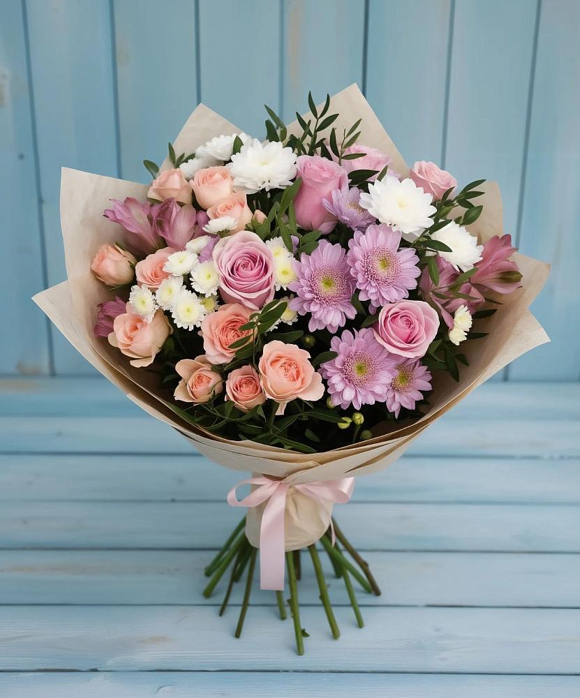 Букет цветов из: Хризантемы, Розы и Альстромерии в Талакан