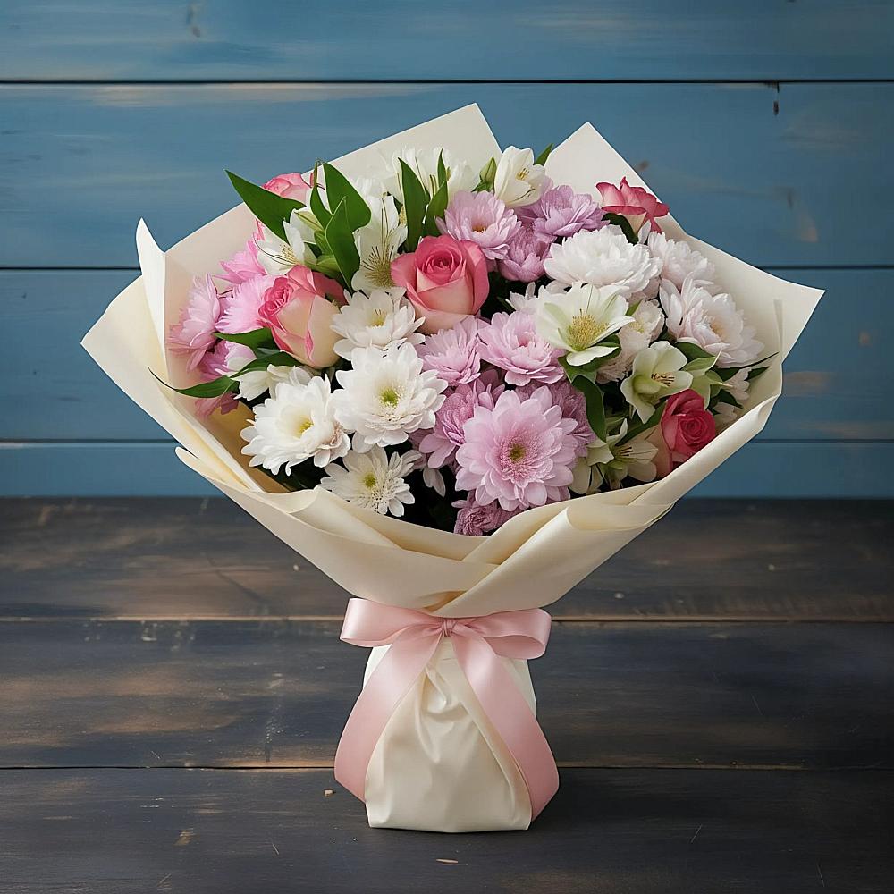 Букет цветов из: Хризантемы, Альстромерии и Розы в Талакан